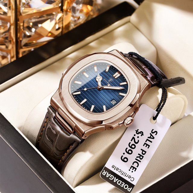 POEDAGAR Armbanduhr Quarz, Leder, Blau, Herren - Bild 1