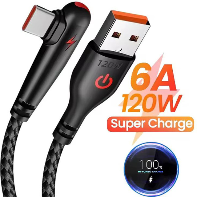 USB auf Typ C Schnellladekabel mit 90 Grad Winkel, 120 W und 6A, geflochtenes Datenkabel in Schwarz oder Blau - Bild 1