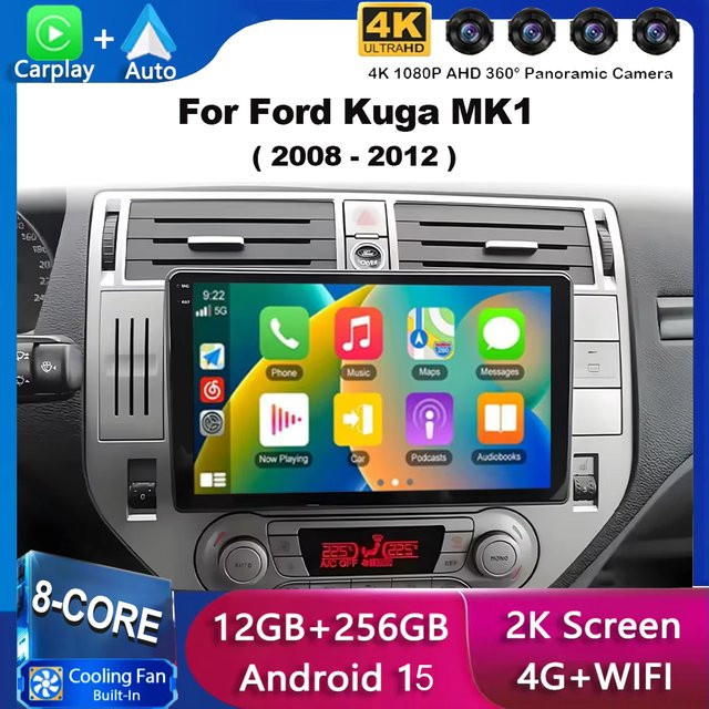 Multimedia Autoradio mit Android Auto und Wireless CarPlay für Ford Kuga MK1 (2008 - 2012) und Ford C-MAX (2003 - 2010), Schwarz, mit Bluetooth und 4G Unterstützung - Bild 1