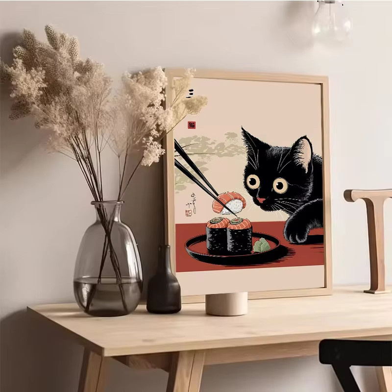 Potdemiel Japanisches Ramen Wandbild mit schwarzer Katze als Leinwanddruck für deine Küchendekoration in Schwarz und Multicolour - Bild 2