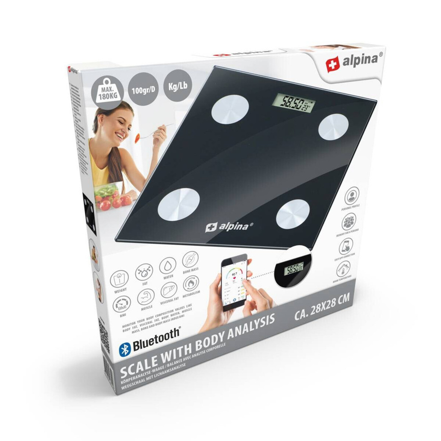 Alpina Personenwaage aus Edelstahl in Schwarz und Silber mit Bluetooth und App-Steuerung, B/T: 28 x 28 cm - Bild 2