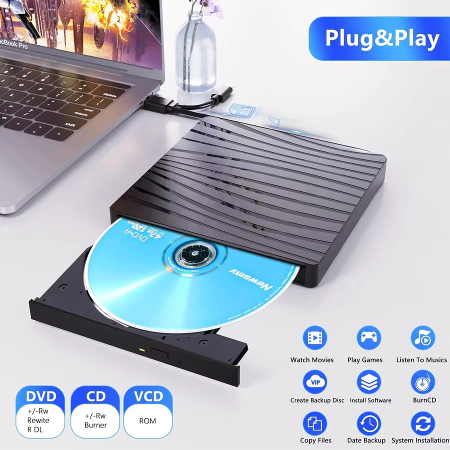 Kebidumei Externes optisches Laufwerk DVD RW und CD-Brenner mit USB-C Anschluss in Schwarz - Bild 3