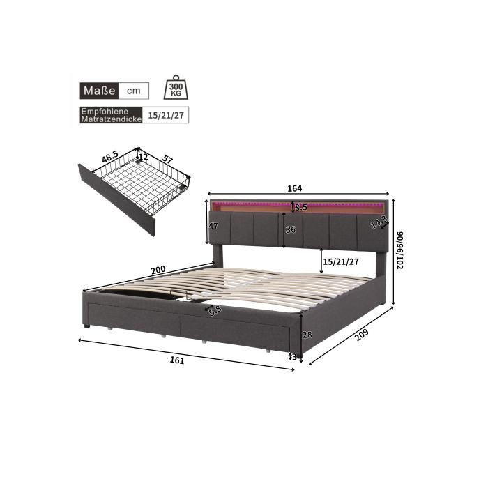 MUVOE Doppelbett mit Leinen-Polsterung und LED-Beleuchtung in Grau, B/T/H: 160 x 200 cm - Bild 3