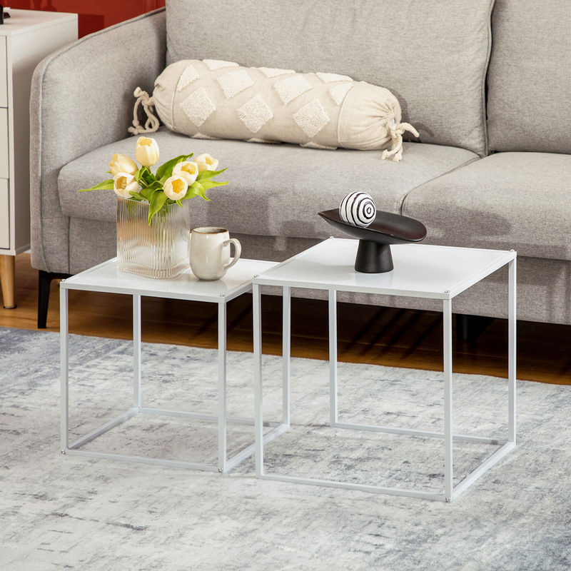 HOMCOM 2er-Set Couchtisch in modernem Design mit Stahlgestell, Weiß - Bild 2