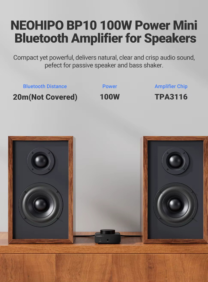NEOHIPO BP10 Mini Bluetooth 5.0 Verstärker in Schwarz mit 50Wx2 Stereo oder 100W Mono für Bass-Shaker und passive Lautsprecher - Bild 2