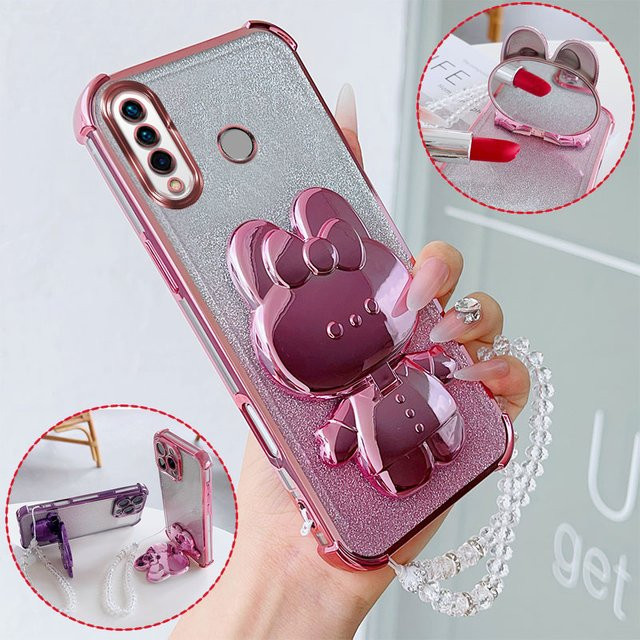 LIEI Stoßfeste Handyhülle mit Hasen-Motiv, drehbarem Ständer und Kristall-Lanyard für Huawei P30 Lite Pro P40 P50E Nova 4E in Pink und Silber - Bild 1