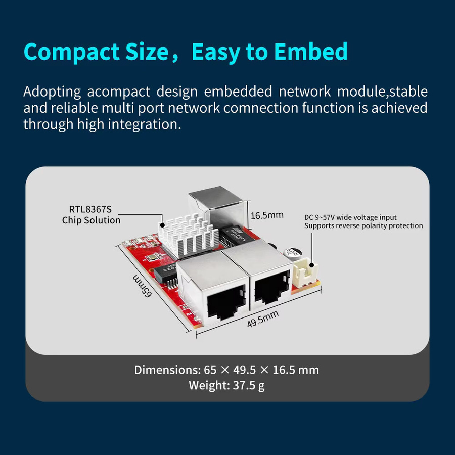 ONTi Mini Gigabit Ethernet Switch PCBA Modul mit 3 oder 5 Ports 10/100/1000Mbps und 9-57V DC Weitbereichs-Eingang - Bild 2