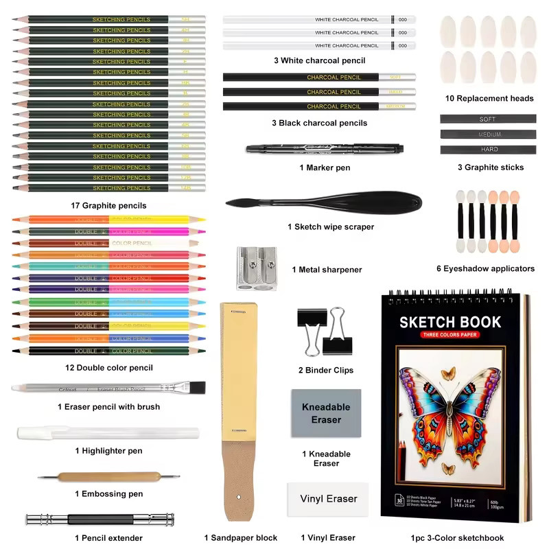 38-teiliges Skizzierbleistift-Set mit Graphit und Holzkohle sowie Mischwerkzeugen in Mehrfarben für professionelle Künstler - Bild 3