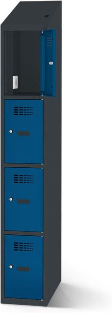 rotstahl Fächerschrank mit Ladefunktion und 4 Fächern in Dunkelblau mit anthrazitgrauem Korpus, B: 30 cm, H: 200 cm - Bild 1