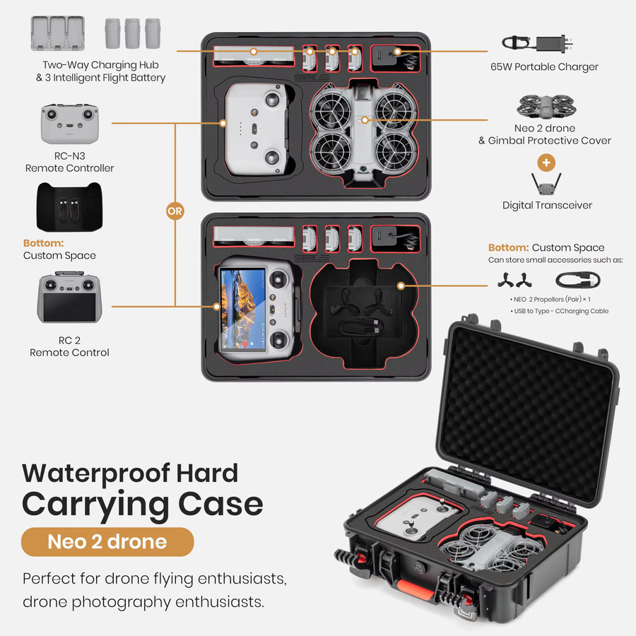 DJI Neo 2 Koffer, wasserdichter Hartschalen-Tragekoffer in Schwarz für DJI Neo 2 Fly More Combo und RC-N/RC2 Controller - Bild 2