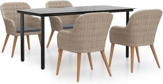 vidaXL 5-teilige Garten-Essgruppe aus Akazienholz mit Tisch aus gehärtetem Glas und Kissen in Braun - Bild 1