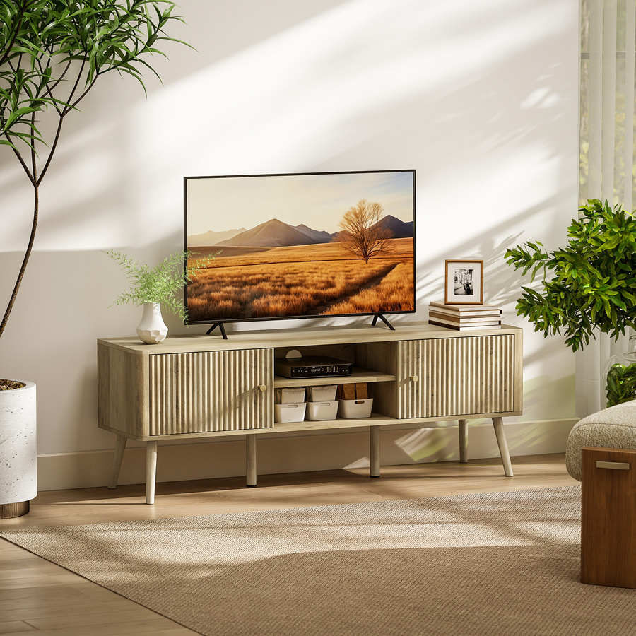 HOMCOM TV-Möbel in Eiche mit Kieferfüßen für Fernseher bis 65 Zoll, TV-Bank mit 2 Türen und 2 offenen Fächern für Wohnzimmer und Schlafzimmer - Bild 2