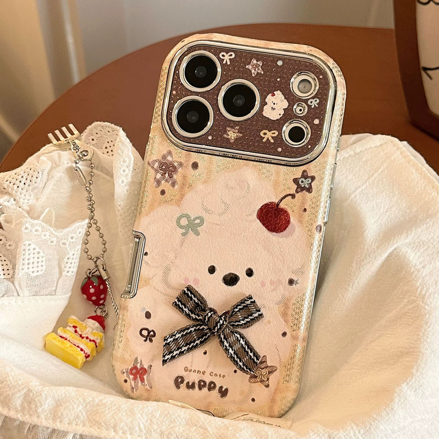 MUQGEW Handyhülle mit Koreanischem Cartoon Welpen Design und Kuchen Anhänger aus Leder Textur für iPhone 11 bis iPhone 17 Pro Max, Stoßfest, Mehrfarbig - Bild 3