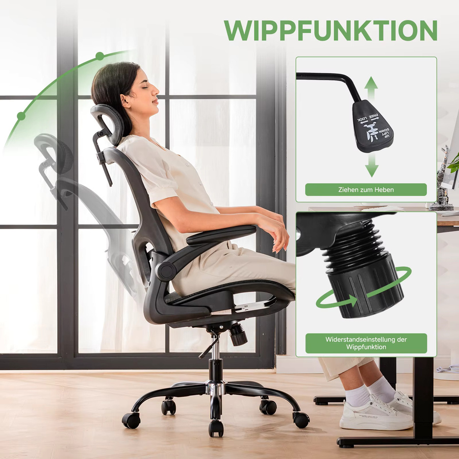 GTPLAYER Ergonomischer Bürostuhl CH90-BLK in Schwarz mit verstellbarer Kopfstütze, Wippfunktion und Mesh-Rückenlehne - Bild 4