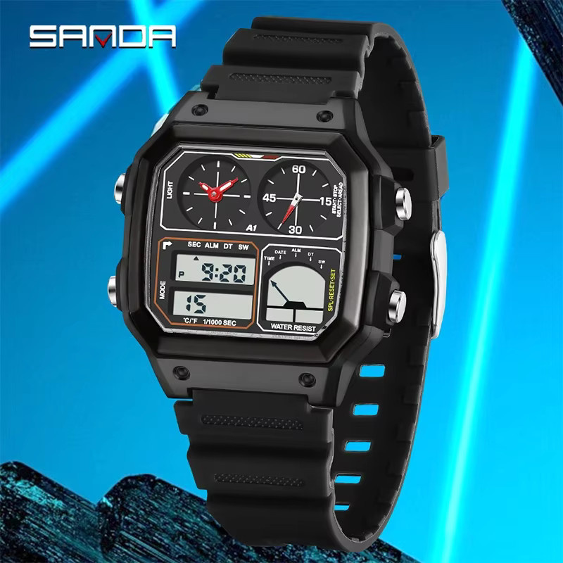 SANDA Armbanduhr, Analog-Digital, Quarz, Silikon, Schwarz, Herren - Bild 1