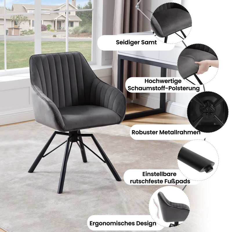 WOLTU 2er Set drehbare Esszimmerstühle aus Samt in Grau mit Armlehnen und ergonomischer Polsterung - Bild 3