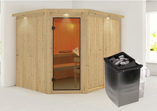 Karibu Sauna Haaspsalu aus Fichtenholz in Beige inklusive 9 kW Saunaofen mit integrierter Steuerung für 4 Personen, B/T/H: 245 x 210 x 202 cm - Bild 1