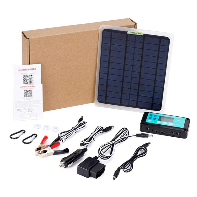 Solar Ladegerät 20W mit 12V 10A Batterie Controller und OBD Stecker für Fahrzeugbatterien in Schwarz - Bild 1