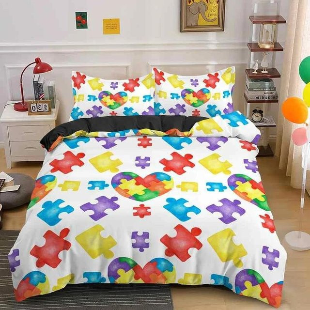 Bunte Puzzle Bettwäsche mit 3D Geometrischem Design für Kinder, Set aus Deckenbezug und Kissenbezügen, Mehrfarbig, Polyester, B/H: 70 x 133 cm - Bild 1