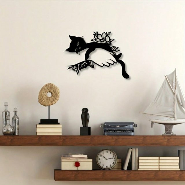 CIFBUY Art-Deco Wandkunst aus Metall mit Katze und Blumen in Schwarz für Innen und Außen - Bild 1