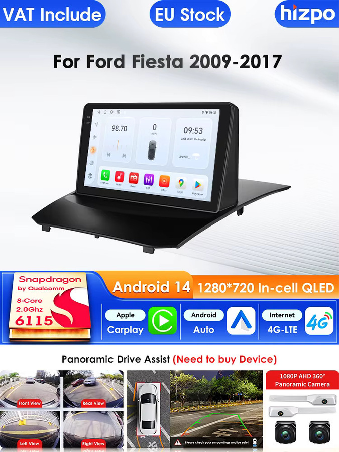 Hizpo Android 14 Autoradio mit 4G und Carplay für Ford Fiesta 2009–2017, 2DIN Multimedia Video Player mit GPS und RDS, Schwarz - Bild 3