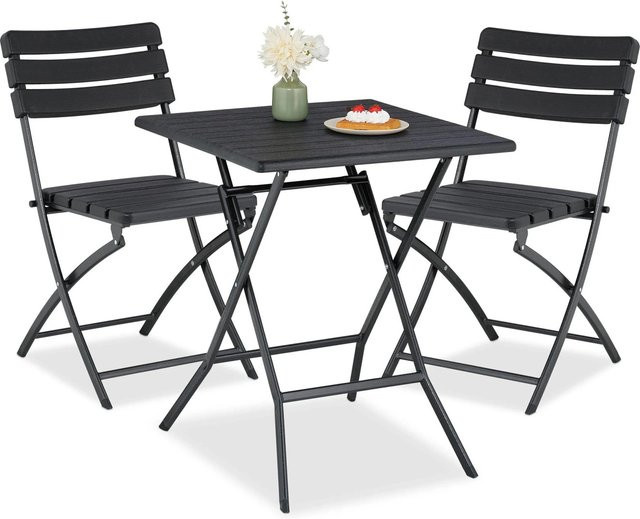 Relaxdays Balkonmöbel Set dreiteilig aus Stahl und Kunststoff in Schwarz mit Holzoptik, klappbar für Garten und Terrasse, H x B x T: 74 x 61 x 61 cm - Bild 1