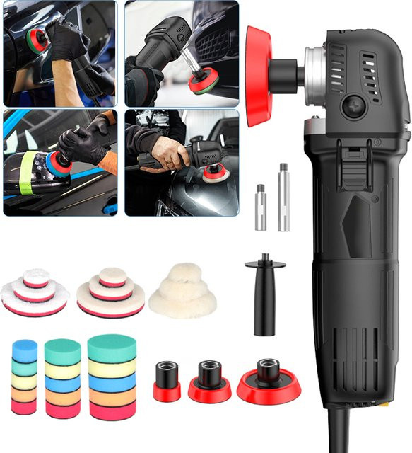 DWiusty Mini-Poliermaschine Rotationspolierer für die Autopflege in Schwarz mit 27 Polierpads und M14-Gewinde-Verlängerungsstangen (75mm, 100mm, 140mm) - Bild 1