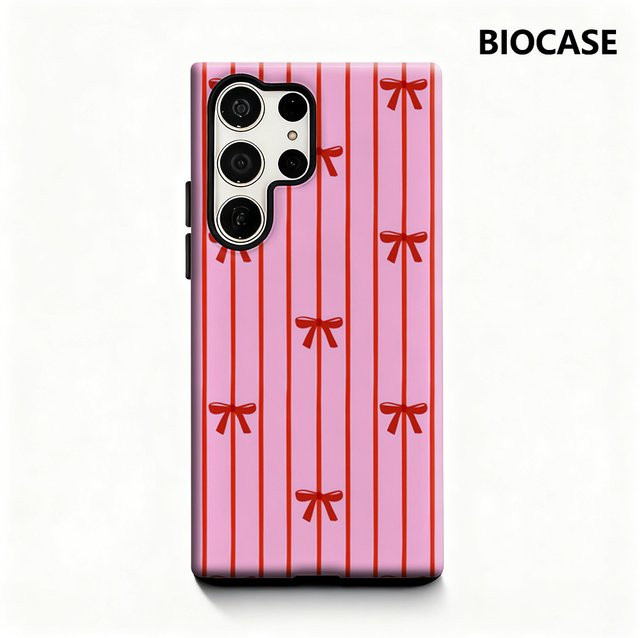Glänzende Doppelschichtige Handyhülle mit Rosa und Rotem Schleifenmuster für Samsung Galaxy S25 Ultra, S24 und S23 Ultra Plus - Bild 1