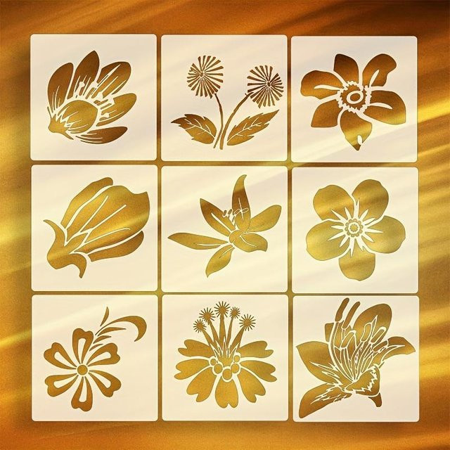 SZ-Damai Bastelschablonen-Set aus Kunststoff mit Blatt- und Blumenmotiven sowie Alphabet für Bodenmalerei, 9 Stück, Gold - Bild 1