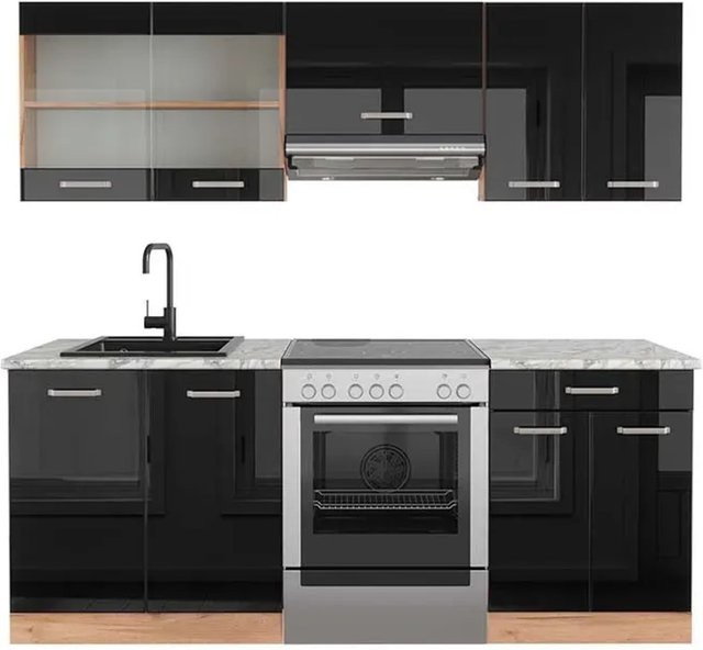 Vicco R-Line Küchenzeile Schwarz Hochglanz und Goldkraft Eiche mit Marmor-Optik, Breite: 200 cm - Bild 1