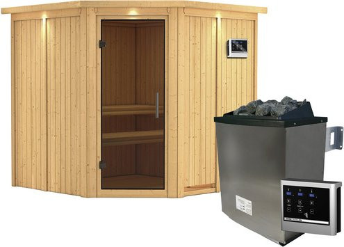 Karibu Sauna Vöru in Beige mit 9 kW Saunaofen und externer Steuerung für 4 Personen, B/T/H: 210 x 202 x 210 cm - Bild 1