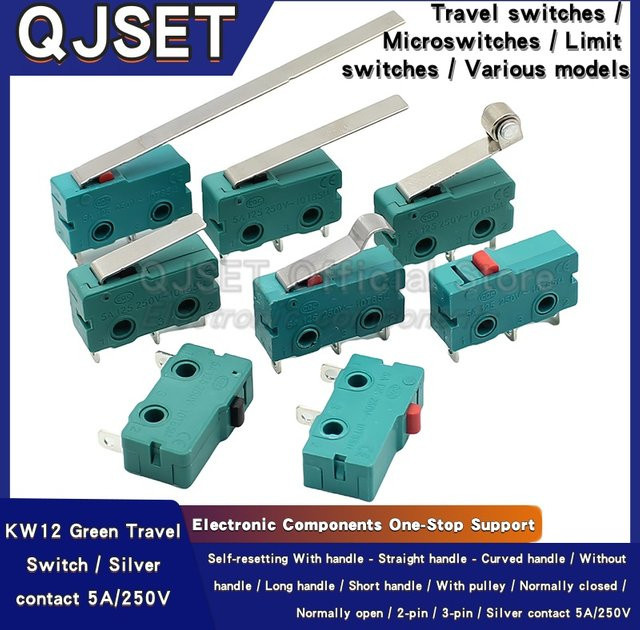 5 Stück Mikroschalter KW12 mit Silberkontakten, 5A 250V, Grüner Reiseendschalter, 2Pin oder 3Pin, KW11-3Z-2 mit geradem oder gebogenem Griff/Roller - Bild 1