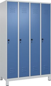 C+P Spind Classic PLUS Garderobenschrank mit 4 Abteilen, Füße, Sicherheits-Drehriegel, 4 Garderobenhaken und mittiger Trennwand, Farbe: Grau/Blau, H x B x T: 195 x 120 x 50 cm - Bild 1