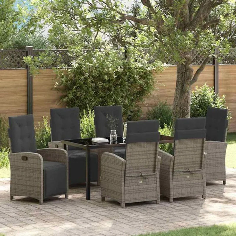 vidaXL Gartenmöbel-Set aus Polyrattan und Glas in Grau, 7-teilige moderne Essgruppe mit Stahlgestell - Bild 1