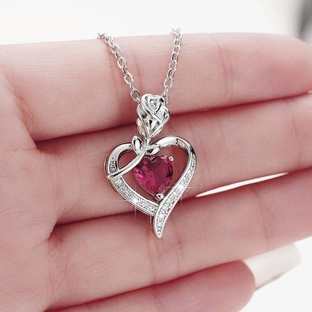 Huitan Halskette, rotes Herz-Rosen-Design, Zirkonia, Silber, Damen - Bild 1