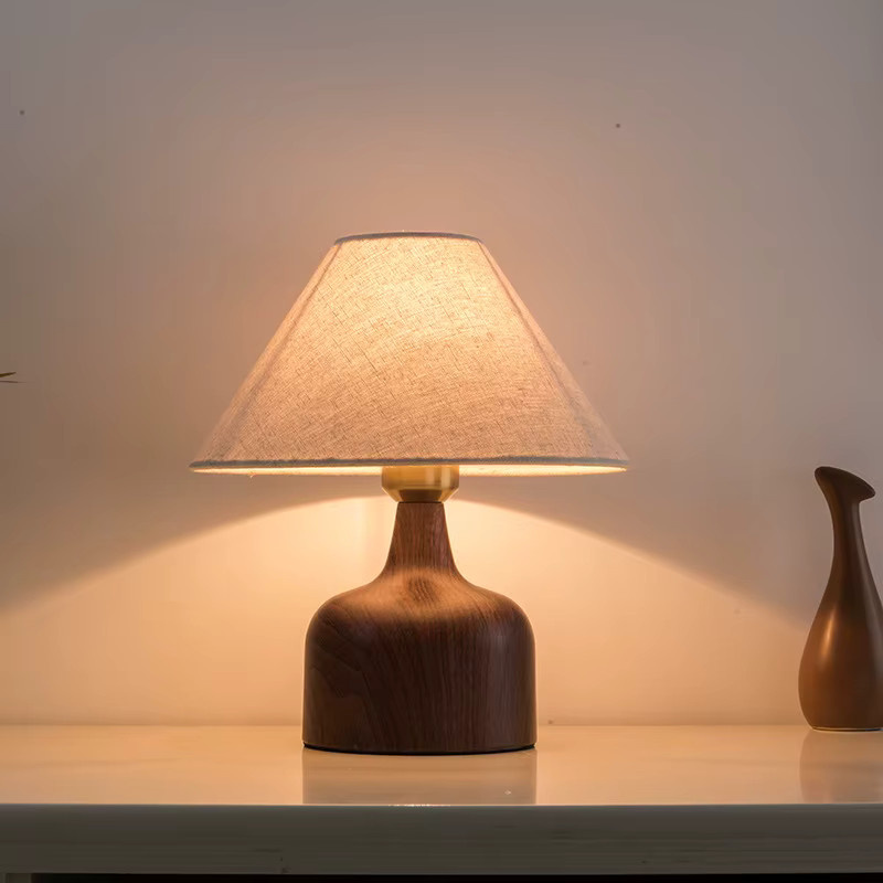 Vecli Nachttischlampe im japanischen Retro-Stil aus Holz und Metall mit warmweißem Stoffschirm für Schlafzimmer und Home-Office, Beige/Weiß - Bild 3