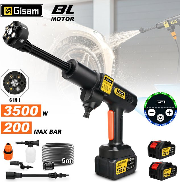 Gisam Bürstenloser Hochdruck-Autowascher 6-in-1 Kabellose Sprühpistole für Makita LXT Akku, Schwarz, 200 Bar - Bild 1