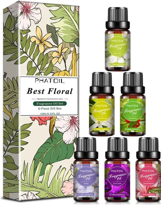 PHATOIL 6-teiliges Blumen-Duftöle-Set für Diffusor, 6 x 10 ml, Sortiment aus weißem Moschus, Orangenblüte, Geißblatt, Freesie, Parma und violetter Magnolie - Bild 1
