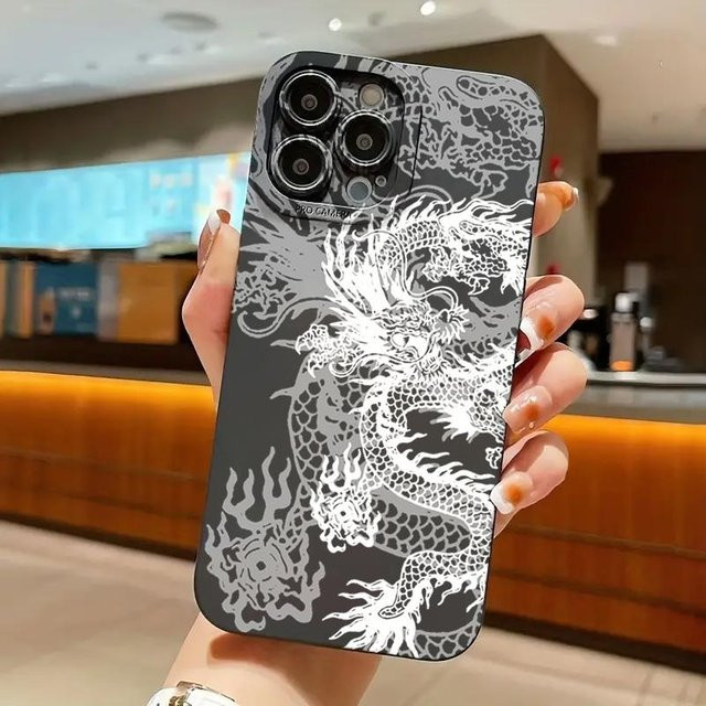 Stoßfeste Silikon-Handyhülle mit weißem Drachenmuster für iPhone 11 bis 15 Pro Max, matt und weich, Farbe: Weiß - Bild 1