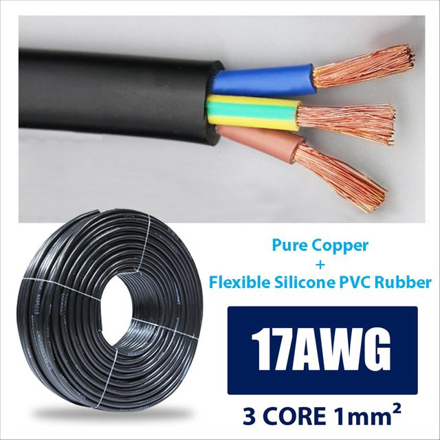 EVSOLAR Elektrisches AC-Kabel mit 3 Kernen, 17 AWG, 1 mm2, flexibles Kupferkabel mit doppelschichtiger PVC-Isolierung und TÜV-Silikonkautschuk, Farbe: Schwarz - Bild 1