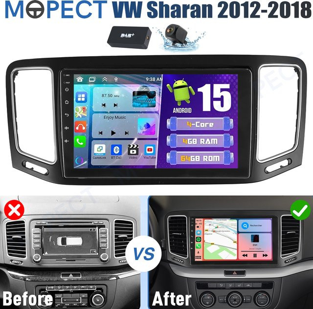 MOPECT Android 15 Autoradio mit CarPlay und GPS für VW Sharan 7N / Seat Alhambra II 2012-2018, 4+64GB, Bluetooth, DAB+, DVR & CAM, Schwarz - Bild 1