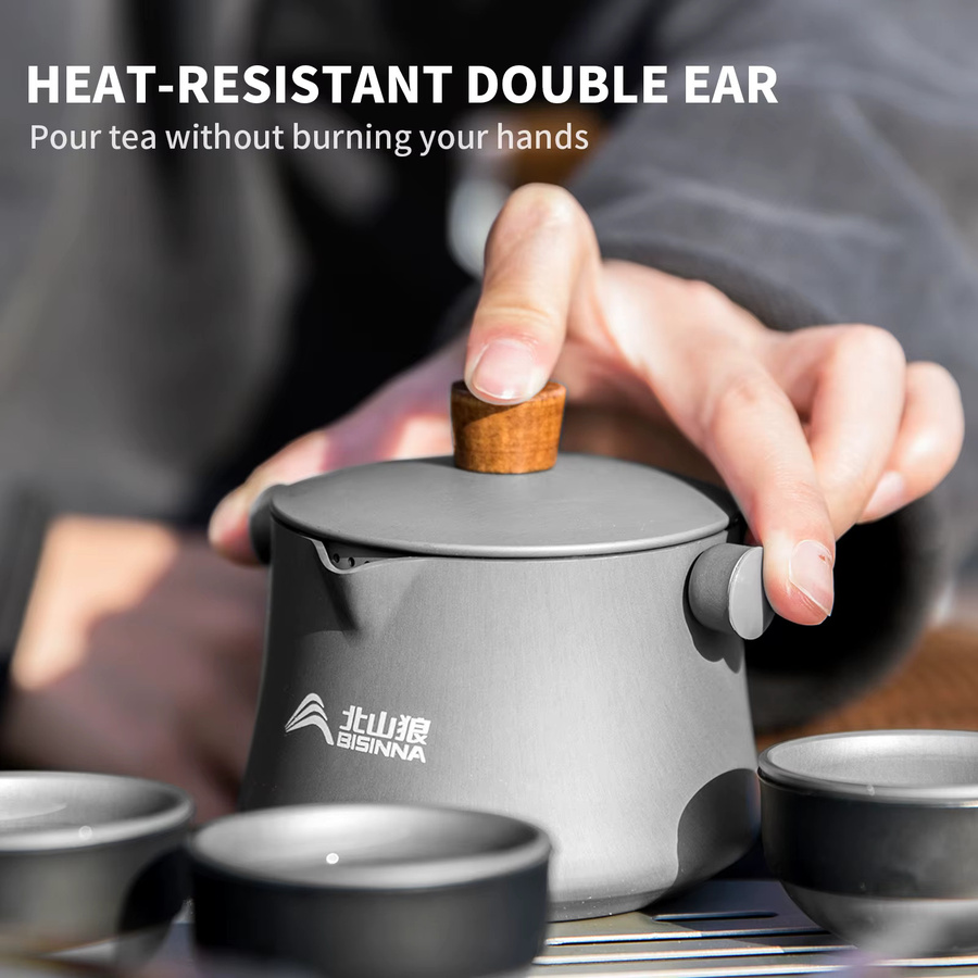 BISINNA Tragbares Reise-Teeset aus Aluminiumlegierung in Grau mit Teekanne, drei Teetassen, Infuser und Tragetasche, zusammenklappbar für Camping und Picknick - Bild 3