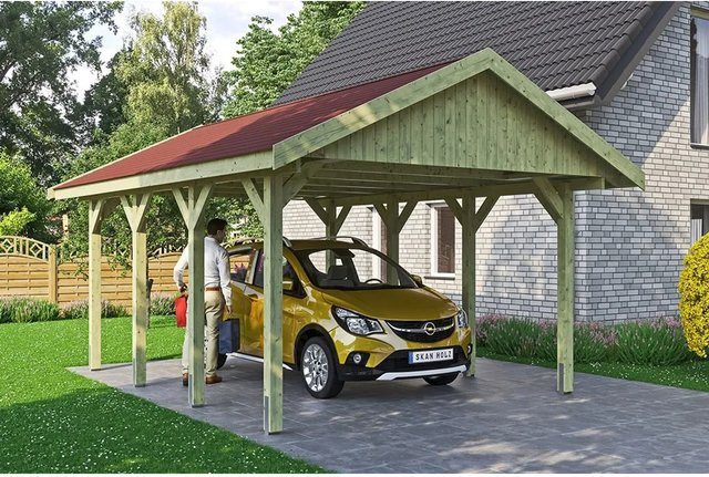 SKANHOLZ Carport Wallgau in Grün mit roten Schindeln, B/T: 430 x 600 cm, Firsthöhe: 326 cm - Bild 1