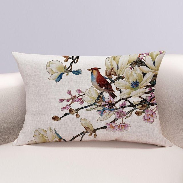 Rechteckiger Kissenbezug von WTEMPO mit Blumen- und Vogelmotiven aus Baumwolle und Hanf, Mehrfarbig, B/H: 70 x 50 cm - Bild 1