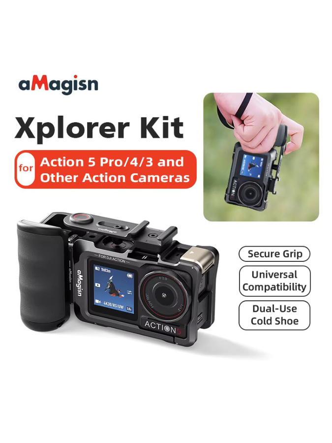 aMagisn Xplorer Grip Kit für Insta360 Ace, DJI Action und GoPro Serien – Ergonomischer Schnellspanngriff mit Auslöser in Schwarz - Bild 6