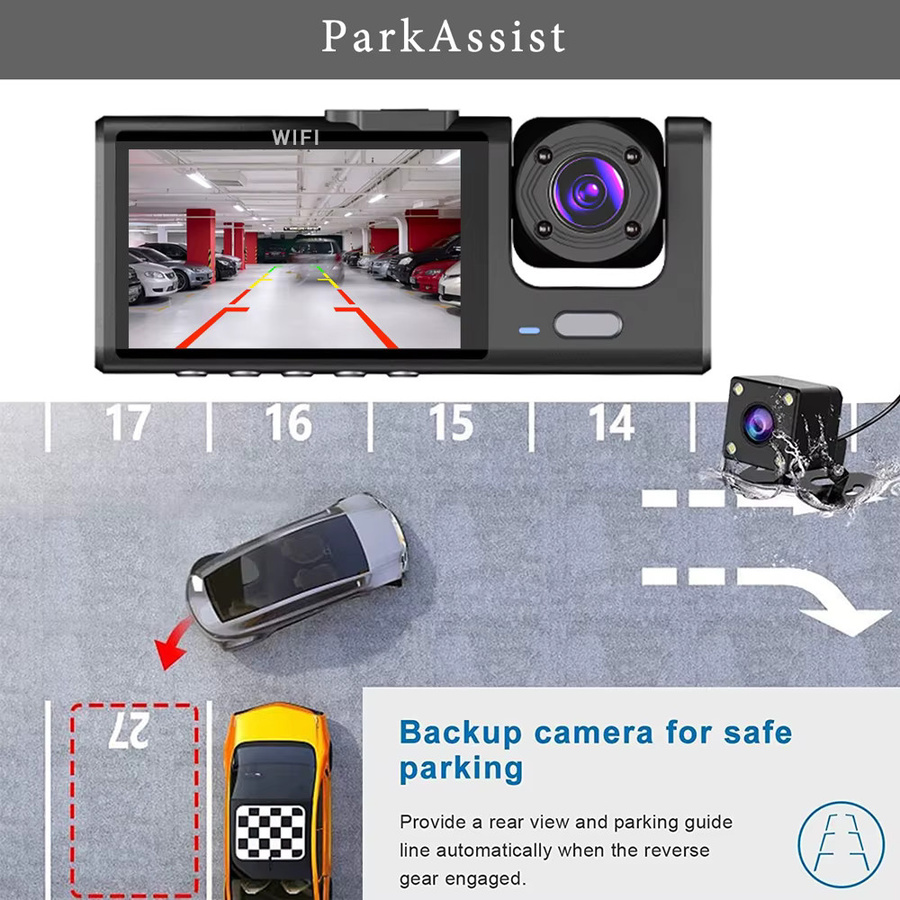 MYOLSD 3-Kanal Dashcam mit Full HD 1080P und WIFI, Mini Auto DVR Recorder für Innen- und Außenbereich, Schwarz - Bild 5