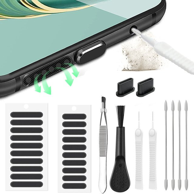 66-teiliges Handy Reinigungsset mit Staubschutz-Aufklebern für Ladeport und Lautsprecher inklusive Pinzette für iPhone, Samsung und Xiaomi - Bild 1