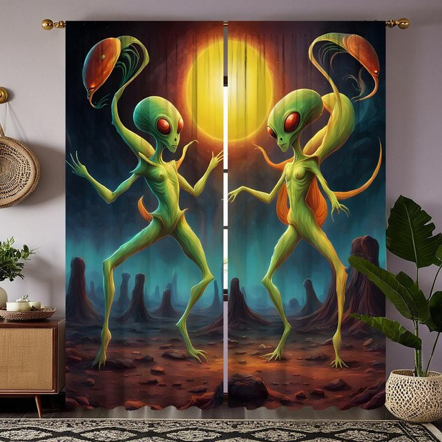 2er-Set dekorative Vorhänge mit Mond und Planeten-Motiv in Grün und Blau, Breite: 132 cm, Höhe: 160 cm - Bild 1