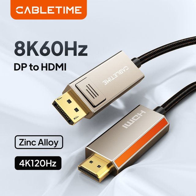 CABLETIME 8K DisplayPort zu HDMI Kabel in Silber für PC, iMac und Monitor mit 8K bei 60 Hz und 4K bei 144 Hz - Bild 1
