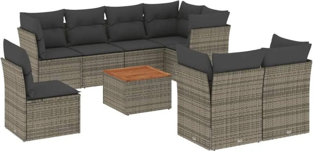 vidaXL 9-tlg Garten-Sofagarnitur aus Poly Rattan und Akazienholz in Grau - Bild 1